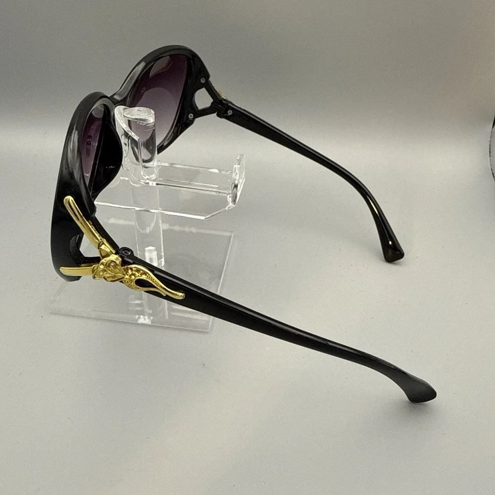 Oversized Round Black Sunglasses Gold Sculptural Temple Purple Gradient Lens HOT